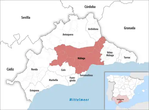 Die Lage des Gerichtsbezirk Málaga in der Provinz Málaga