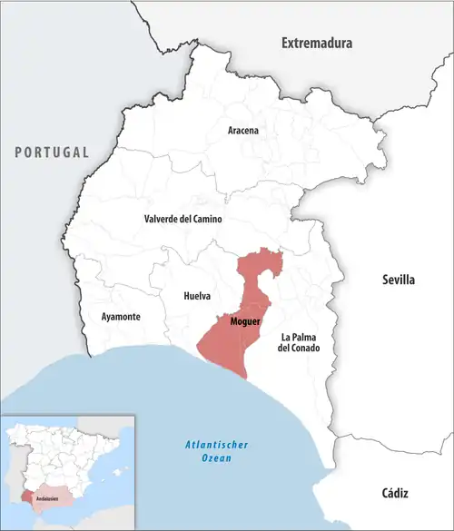 Die Lage des Gerichtsbezirk Moguer in der Provinz Huelva