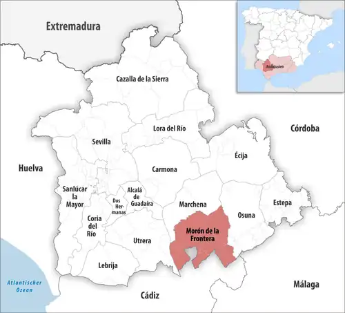 Die Lage des Gerichtsbezirk Morón de la Frontera in der Provinz Sevilla