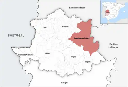 Die Lage des Gerichtsbezirk Navalmoral de la Mata in der Provinz Cáceres
