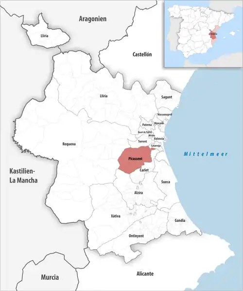 Die Lage des Gerichtsbezirk Picassent in der Provinz Valencia