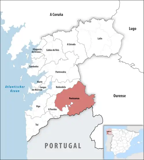 Die Lage des Gerichtsbezirk Ponteareas in der Provinz Pontevedra