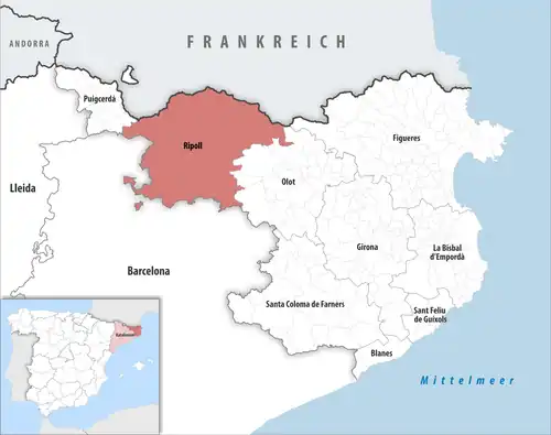 Die Lage des Gerichtsbezirk Ripoll in der Provinz Girona