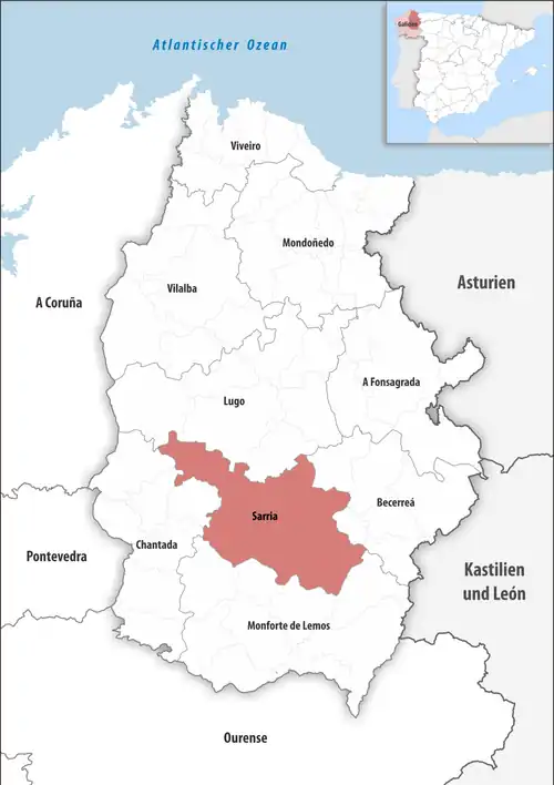 Die Lage des Gerichtsbezirk Sarria in der Provinz Lugo
