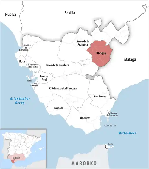Die Lage des Gerichtsbezirk Ubrique in der Provinz Cádiz