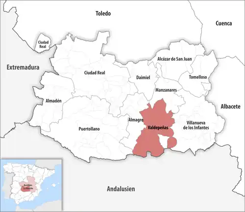 Die Lage des Gerichtsbezirk Valdepeñas in der Provinz Ciudad Real