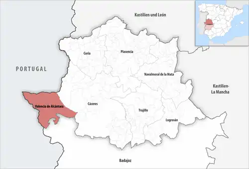 Die Lage des Gerichtsbezirk Valencia de Alcántara in der Provinz Cáceres