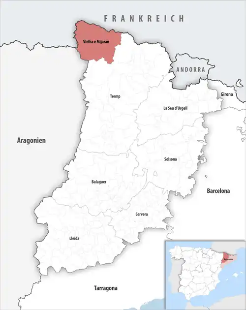 Die Lage des Gerichtsbezirk Vielha e Mijaran in der Provinz Lleida
