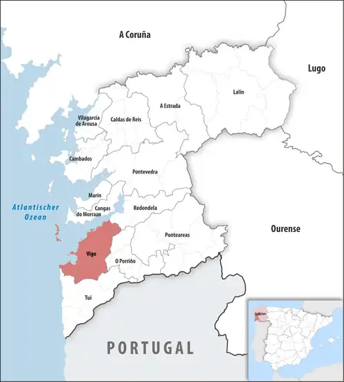 Die Lage des Gerichtsbezirk Vigo in der Provinz Pontevedra