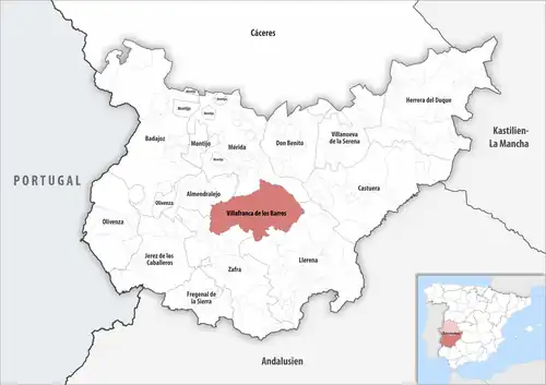 Die Lage des Gerichtsbezirk Villafranca de los Barros in der Provinz Badajoz