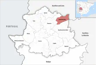 Die Lage der Comarca Jaraíz de la Vera in der Provinz Cáceres