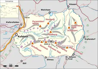 Lage des Kaisergebirges (gelb hervorgehoben) innerhalb der Ostalpen