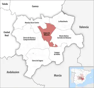 Die Lage der Comarca Llanos de Albacete in der Provinz Albacete