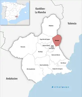 Die Lage der Comarca Oriental in der autonomen Gemeinschaft Murcia