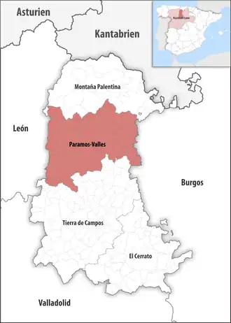 Die Lage der Comarca Paramos-Valles in der Provinz Palencia