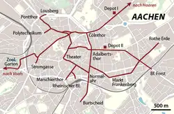 Karte des Streckennetzes der Aachener Pferdebahn