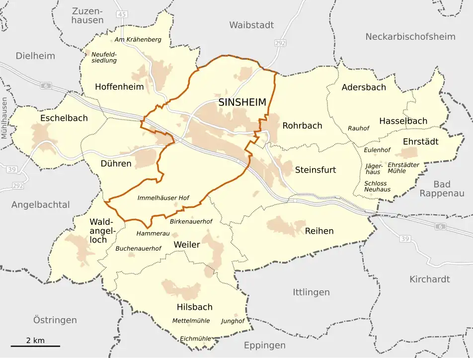Stadtgliederung von Sinsheim:Kernstadt (rot umrandet) und Stadtteile (Gemarkungen)