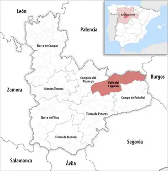 Die Lage der Comarca Valle del Esgueva in der Provinz Valladolid
