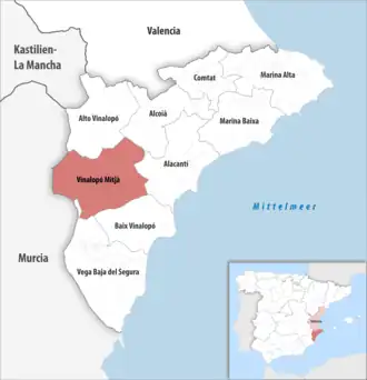 Die Lage der Comarca Vinalopó Mitjà in der Provinz Alicante