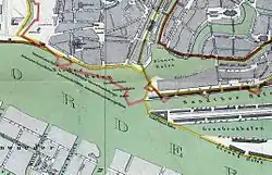 Lage von Binnen- und Buten-Kajen am Binnenhafen, um 1880