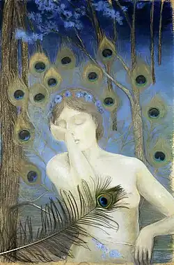 Akt einer Frau vor einem Hintergrund aus Pfauenfedern (Kazimierz Stabrowski, um 1905)