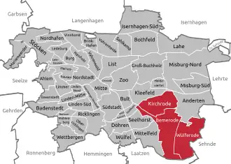 Lagekarte des Stadtbezirks Kirchrode-Bemerode-Wülferode in Hannover