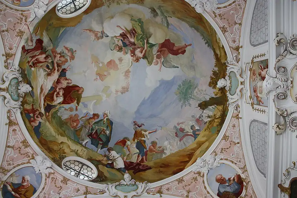 Deckenfresko mit Amigonis Beweinung Jesu, Medaillons mit Evangelisten und Schweißtuch der hl. Veronika (an der Wand rechts), 1725, in der Abtkapelle von Kloster Ottobeuren