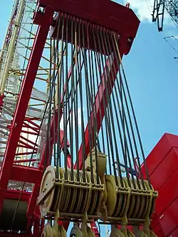 Im Vergleich die moderne Auslegung mit 31 Rollen (16 oben, 14 unten, 1 Rolle mittig im unteren Block) gezogen mit 2 Zugseilen (im Hintergrund)