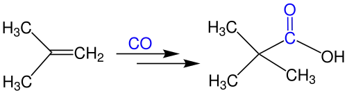 Ein Kohlenstoffmonoxid Molekül wird unter Zugabe von Wasser und Schwefelsäure in das Alken integriert. Die entstehenden Carbonsäuren werden als Koch-Säuren bezeichnet.