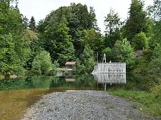 Das Stauwehr mit der gestauten Thur, vor dem Einlaufwerk des Wasserkraftwerk Giessen.