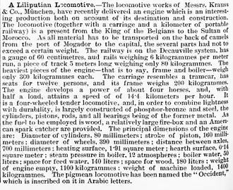Krauss & Co, München lieferten 1888 die Liliput-Lokomotive Occident an den Sultan von Marokko[1]