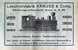 Werbeanzeige von Krauss & Comp. mit einer Lok der Reihe U