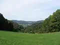 Blick vom Eselstein über das Brombachtal zum Höhenzug Krehberg-Lindenfels