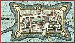 Stadtplan von Krempe mit dem Umfließen der Kremper Au. Enthalten in der Neuen Landesbeschreibung von Danckwerth/Kartograph: Johannes Mejer (1652)