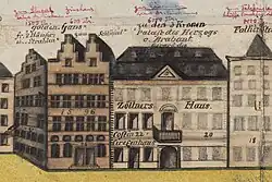 Ausschnitt aus einer historischen Karte, farbig gezeichnete Fassaden, mit handschriftlichen Notizen, z. B. „Palast des Herzogs von Brabant“ oder „goldene Gans“