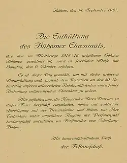 Einladung zur Enthüllung des Ehrenmals