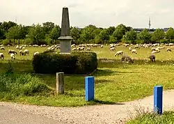 Der „Paradestein“ zur Erinnerung an die Kaisermanöver am Kronsberg, hier mit blauen Wegmarkierungen des Grünen Rings