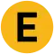 E als schwarzer Großbuchstabe in mittelgelb gefülltem Kreis