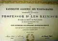 Aufnahmeurkunde von Leo Simon Reinisch in die Akademie der Wissenschaften in Wien