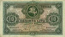 Eine Banknote von 10 litauischen Litas mit Vytis und den Säulen der Gediminas, 1927
