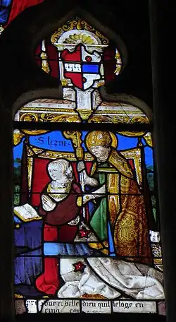 Stifterin Charlotte Ferré (Witwe von Claude de La Chapelle) mit dem heiligen Lézin, dem Patron der Kirche (darüber ihr Wappen)