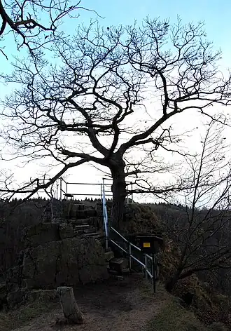 Gipfel der La Viershöhe mit umzäuntem Aussichtspunkt und Stempelstelle (Nr. 72) der Harzer Wandernadel