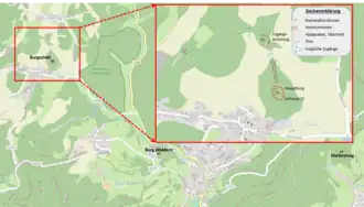 Kartendarstellung der Lage der Burg und bekannter Baustrukturen