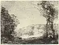 Auf der Radierung Bewaldete Landschaft von Camille Corot von 1866 bilden dunkle Bäume als Repoussoir eine u-förmige Öffnung. Es entsteht ein romantisches, ruhiges Bild, bei dem das Publikum eingeladen wird, die ferne Landschaft zu betrachten.