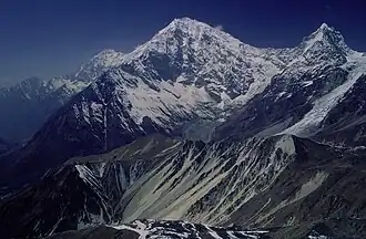 Blick von Südosten: links Langtang Lirung, rechts Kimshung