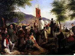 Wallfahrer aus dem Maifeld vor Trier 1844. In der Gruppe vier Tugendpfeilträgerinnen. Gemalt von August Gustav Lasinsky 1847.