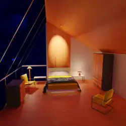 Choreografie/Variation: beleuchtete Rückwand und visueller Hinweis auf den Lesesessel hinten links