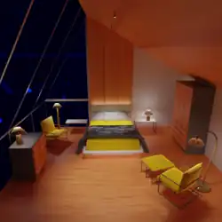 Stimmung: über den Raum verteilte Steh- und Tisch­leuchten; decken­nah instal­lier­ter Strahler, der Licht zum Boden emit­tiert, wo es vom Holz­boden in warmer Farbe reflek­tiert wird