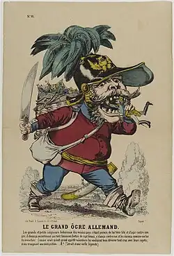 In der französischen Karikatur hält ein riesenhafter König Wilhelm I. in einer Kiepe mehrere deutsche Fürsten gefangen. Er führt ein großes Messer mit sich und ist im Begriff, das erste gekrönte Haupt zu verspeisen. Die Karikatur spielt auf die preußischen Annexionen 1866 an. „Le grand ogre allemand“ (Der große deutsche Menschenfresser, Darstellung von Alphonse Lévy, Musée des Civilisations de l’Europe et de la Méditerranée)