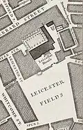 Ausschnitt aus John Rocques Stadtplan von London 1746; die Leicester-Felder sind heute der Leicester Square.